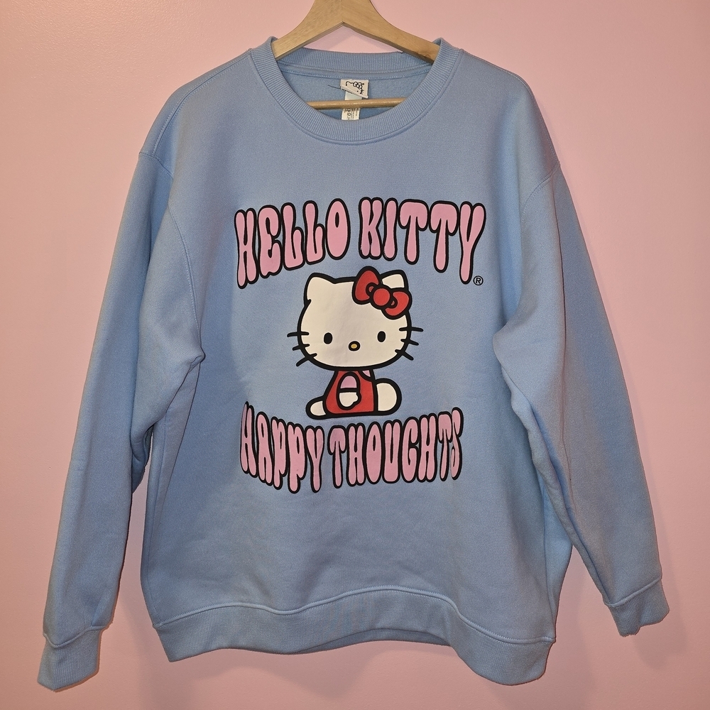 Hello Kitty "HAPPY THOUGHTS" Light Blue Crew Neck Sweater Size Large